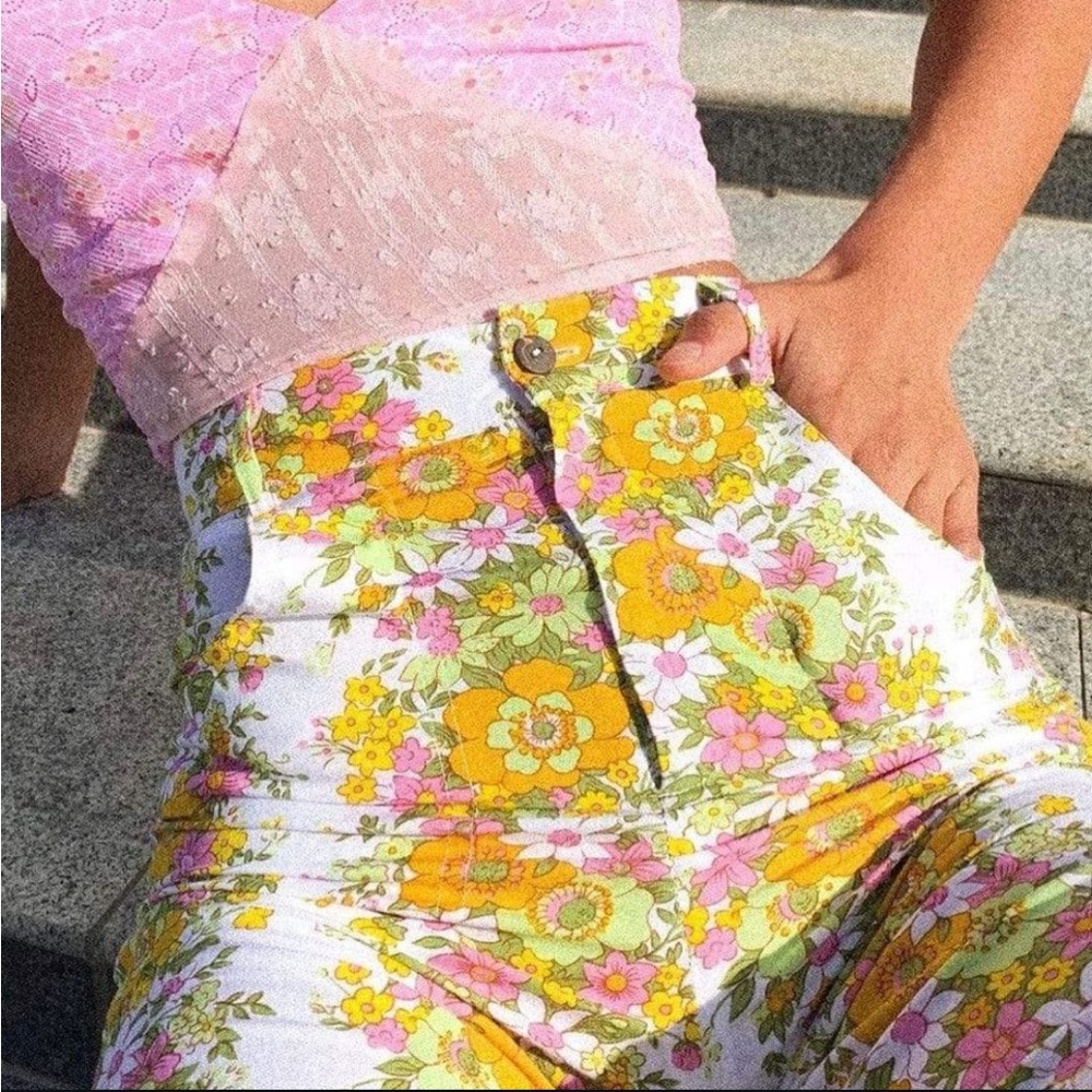 Floral High-Waist Straight Leg Pants in Yellow & Pink
